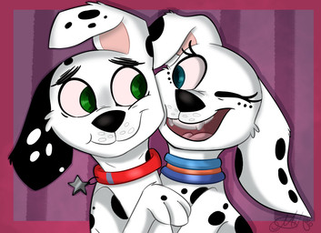 black_body black_fur black_nose black_spots blue_eyes blue_jewelry blue_necklace collar collar_tag duo fangs female feral floppy_ears freckled_face freckles fur green_eyes heterochromatic_ears hug jewelry male markings necklace orange_collar pink_inner_ear red_collar spots spotted_body spotted_fur star_collar_tag teeth toony white_body white_fur white_spots milledpurple 101_dalmatian_street 101_dalmatians disney dylan_(101_dalmatians) canid canine canis dalmatian domestic_dog mammal
