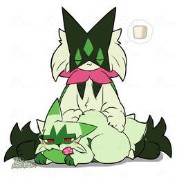 ambiguous_anthro ambiguous_gender anthro black_claws blush cheek_tuft claws dipstick_ears duo ear_markings eyes_closed facial_tuft front_view fur gloves_(marking) green_body green_fur green_tail kemono kneading loaf markings mask multicolored_ears narrowed_eyes open_mouth pawpads paws pink_pawpads red_eyes short_tail simple_background size_difference smile tail tail_motion tuft white_background tontaro nintendo pokemon felid feline floragato generation_9_pokemon mammal meowscarada pokemon_(species) 1:1 2026 2d_animation animated animated_gif frame_by_frame loop short_playtime signature watermark