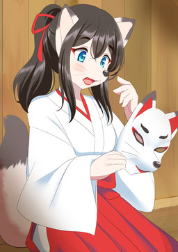 animal_mask anthro asian_clothing biped bottomwear clothed clothed_anthro clothed_female clothing detailed_background dipstick_ears dipstick_tail ear_markings east_asian_clothing female female_anthro fur hair hakama holding_mask holding_object humanoid_hands japanese_clothing kemono markings mask miko_outfit multicolored_ears ponytail sitting solo tail tail_markings three-quarter_view wall_(structure) whiskers wood wood_wall roina canid canine fox mammal 2019 digital_media_(artwork) japanese_description