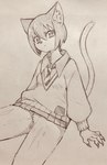 :< alternate_species anthro bottomless clothed clothing featureless_crotch female frown fur furrification glaring glistening glistening_hair hair kemono nails necktie sharp_nails solo sweater topwear curemitsuba gundam mobile_suit_gundam_gquuuuuux amate_yuzuriha domestic_cat felid feline felis mammal graphite_(artwork) hi_res monochrome sketch traditional_media_(artwork)