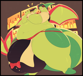 alcohol anthro balls bartender belly beverage big_balls big_belly big_penis big_tail bulge clothing crop_top decorated_bow eyewear genitals goggles green_body green_skin huge_balls huge_penis humanoid_genitalia humanoid_penis hyper looking_at_viewer male membrane_(anatomy) membranous_wings overweight overweight_male pear-shaped_figure penis shirt smile solo tail thong topwear underwear wide_hips wings wristband nudimps nintendo pokemon flygon generation_3_pokemon pokemon_(species) 2026 hi_res