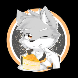 anthro black_clothing black_nose black_topwear cake clothed clothing dessert eating food fur glistening glistening_eyes grey_body grey_ears grey_fur grey_hair hair holding_fork looking_at_viewer male one_eye_closed orange_clothing orange_eyes orange_topwear short_hair simple_background solo topwear unsigned white_body white_clothing white_fur white_inner_ear white_topwear kewkungzn canid mammal 1:1 bust_portrait hi_res icon portrait