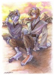 adolescent age_difference anthro beard clothed clothing cloud desert detailed_background duo facial_hair lightsaber male melee_weapon open_mouth outside robe sitting sky tail tatooine weapon young cockiestspaniel star_wars obi-wan_kenobi canid canine canis domestic_dog mammal 2012 hi_res traditional_media_(artwork) unavailable_at_source