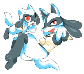 anthro black_paws blue_body bodily_fluids breasts female feral red_eyes sweat young oposa nintendo pokemon generation_4_pokemon lucario pokemon_(species) riolu hi_res