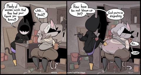 2_panel_comic 4_fingers abdominal_scar ambiguous_feral ambiguous_gender anthro anthro_focus arm_support asking belly belt belt_buckle big_belly biped black_belt black_body black_clothing black_fur black_hair black_hoodie black_tail black_topwear boots bottomwear breasts brown_bottomwear brown_clothing brown_pants bucket buckle burping cabinet chair cheek_tuft chest_wraps cleavage clothed clothed_anthro clothed_female clothing conjoined_speech_bubble container countertop degradation detailed_background dialogue door drawstring drawstring_topwear ellipsis emanata envy facial_tuft fat_shaming feederism feet female female_anthro female_focus feral fingers fluffy fluffy_hair foot_on_belly footwear fur furniture grey_body grey_clothing grey_ears grey_fur grey_hair grey_shirt grey_tail grey_tank_top grey_topwear grey_tuft group hair hand_on_own_belly hiccuping holding_fork hoodie inside insult knee_boots knee_highs knife leaning leaning_forward leaning_on_table legwear linked_speech_bubble love_handles mask medium_breasts on_chair pants pointy_ears prick_ears purple_bottomwear purple_clothing purple_skirt question_mark rain_boots scar shirt shoes sitting sitting_on_chair skirt small_feet speech_bubble stain standing tail tank_top teeth text thick_thighs tight_bottomwear tight_clothing tin_can topwear trio tuft weight_gain whiskers white_emanata wide_hipped_anthro wide_hipped_female wraps yellow_boots yellow_clothing yellow_footwear yes-no_question maddeku gata_the_future_russian_kitty bonnie_bonnet gata_preobrazhenskaya ambient_rat domestic_cat felid feline felis mammal russian_blue 2025 absurd_res comic english_text hi_res url