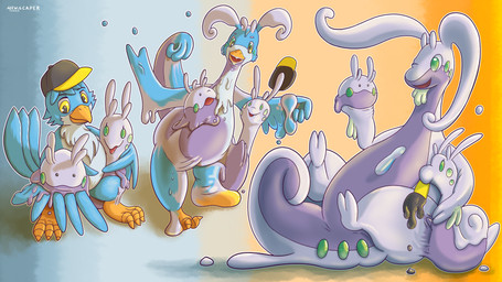 ambiguous_gender anthro anthro_to_feral black_eyes blue_body clothing feral goo_transformation gradient_background green_eyes group hat headgear headwear male melting one_eye_closed purple_underbelly simple_background slime smile transformation trio wink winking_at_another yellow_sclera mewscaper mythology nintendo pokemon avian bird dragon generation_6_pokemon goo_creature goodra goomy mythological_creature mythological_scalie pokemon_(species) scalie sliggoo songbird 16:9 2025 absurd_res hi_res widescreen