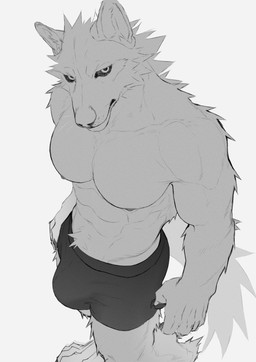 5_fingers abs anthro areola biped black_boxer_briefs black_clothing black_sclera black_underwear boxer_briefs bulge claws clothed clothing feet fingers fluffy fluffy_tail fur looking_at_viewer male male_anthro muscular muscular_anthro muscular_male navel nipples paws pecs simple_background solo standing tail toe_claws toes topless topless_anthro topless_male underwear underwear_only whiskers white_background white_whiskers kojiray canid canine canis mammal wolf digital_media_(artwork) greyscale hi_res monochrome