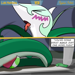 ambiguous_gender animal_genitalia blush blush_lines cloaca clothing dialogue dialogue_box duo egg eyes_closed feral genitals gloves green_body handwear open_mouth oviposition page_number pokemon_egg text tray aquinas_audax nintendo pokemon generation_5_pokemon human mammal pokemon_(species) reptile scalie serperior snake 1:1 3d_(artwork) absurd_res blender_(artwork) blender_eevee_(artwork) digital_media_(artwork) english_text hi_res signature