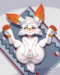 3_toes anthro anus balls blush butt erection feet genitals humanoid_genitalia humanoid_penis male penis presenting presenting_anus soles solo spread_legs spreading toes kasdraws nintendo pokemon generation_8_pokemon pokemon_(species) scorbunny hi_res