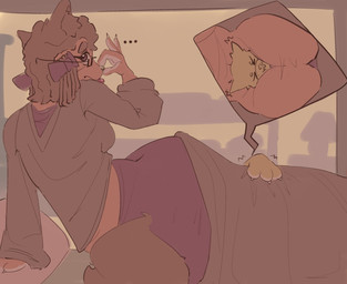 accessory ambiguous_gender anthro bed bow_ribbon breasts claws clothed clothed_anthro clothed_female clothing duo female female/ambiguous fully_clothed fully_clothed_anthro fully_clothed_female furniture hair hair_accessory hair_bow hair_ribbon head_between_thighs holding_nose implied_fart looking_away pillow ribbons tail tongue tongue_out under_covers taintedcan canid canine mammal 2026 absurd_res digital_drawing_(artwork) digital_media_(artwork) hi_res
