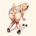 anthro anus ass_ripped athletic athletic_anthro athletic_male backsack balls bent_over big_ears bodily_fluids bottomwear butt clothed clothing crop_top dumbbell femboy floppy_ears footwear genitals horn hotpants humanoid_genitalia humanoid_penis male penis perineum reaching rear_view shirt shoes shorts simple_background solo standing sweat topwear torn_bottomwear torn_clothing wardrobe_malfunction weights white_background pita_potato lace_(lacethecutegoat) bovid caprine goat mammal 2021 hi_res