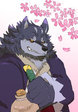 anthro black_nose humanoid_hands male melee_weapon simple_background slightly_chubby solo sword weapon shirokumaou asian_mythology east_asian_mythology mythology sengoku_puzzle serizawa_kamo canid canine canis domestic_dog foo_dog mammal 2015