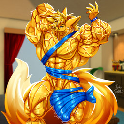 anthro balls barely_contained barely_contained_penis big_muscles big_penis blonde_hair bracelet clothed clothing flaccid fur genitals hair huge_muscles huge_penis hyper hyper_muscles inside jewelry long_tail looking_at_viewer male muscular muscular_anthro muscular_male pecs penis pose solo standing striated_muscles tail topless vein veiny_muscles veiny_penis wrapped wrapped_penis wrapped_up wrappings yellow_body yellow_fur taiko-sihori canid canine fennec_fox fox mammal true_fox 1:1 hi_res