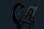 ambiguous_gender black_body brush canvas creating_art easel eyeless feral glistening glistening_body long_neck mandibles paintbrush painting painting_(action) painting_(object) semi-anthro simple_background solo meandraco meandraco_(character) alien human mammal 3:2 hi_res