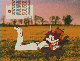 anthro electric_guitar female female/female field friends_with_benefits guitar happy hug musical_instrument plucked_string_instrument string_instrument webcore crischar_foxito alexa_(crischar_foxito) roxy_(crischar_foxito) domestic_cat felid feline felis lagomorph leporid mammal rabbit chromatic_aberration hi_res