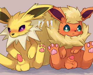 animal_genitalia balls becoming_erect black_nose blush duo feral fur genitals green_sclera male pawpads paws penis penis_tip purple_sclera red_body red_ears red_fur sheath sitting white_eyes yellow_body yellow_ears yellow_fur komugi_mofu nintendo pokemon eeveelution flareon generation_1_pokemon jolteon pokemon_(species) absurd_res hi_res
