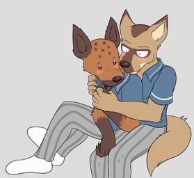 anthro anthro_on_anthro biped black_nose blue_clothing blue_shirt blue_topwear blush bottomwear brown_body brown_claws brown_fur brown_nose claws clothed clothed_anthro clothed_male clothing countershade_fur countershade_torso countershading cuddling duo finger_claws fluffy fluffy_tail footwear fully_clothed fully_clothed_anthro fully_clothed_male fur gloves_(marking) grey_background grey_bottomwear grey_clothing grey_pants interspecies male male/male markings nuzzling on_lap pants pattern_bottomwear pattern_clothing pattern_pants reverse_countershading school_uniform shirt simple_background sitting sitting_on_lap smile socks spots spotted_body spotted_fur striped_bottomwear striped_clothing striped_pants stripes tail tan_body tan_fur tongue tongue_out topwear uniform white_clothing white_footwear white_socks twiggyboyo beastars durham_(beastars) miguno_(beastars) canid canine canis coyote hyena mammal spotted_hyena 2019 hi_res