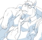 anthro clothed clothing eyes_closed eyewear glasses humanoid_hands kemono male necktie open_clothing open_shirt open_topwear shirt slightly_chubby solo topwear train_(artist) equid equine horse mammal 2022 hi_res monochrome sketch