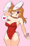 2022 anthro blush brown_hair bunny_costume clothing costume female hair hand_behind_head heart_symbol idol_janshi_suchie-pai lagomorph leotard leporid looking_at_viewer mammal masha one_eye_closed pink_background rabbit red_clothing red_eyes red_leotard simple_background smile solo tail tongue tongue_out