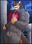 anthro beverage brown_body brown_fur bulge canid canine canis clothed clothing coffee domestic_dog eyebrows fur hi_res lifewonders live_a_hero male mammal muscular muscular_anthro muscular_male ortwin_rd outside pecs pubraseer solo thick_eyebrows