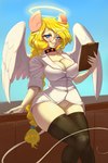 anthro big_breasts blonde_hair blue_eyes blush bottomless breasts choker cleavage clipboard clothed clothing eyewear feathered_wings feathers female glasses hair halo holding_clipboard holding_object jewelry legwear looking_at_viewer necklace pubes smile smiling_at_viewer solo thigh_highs wings gekasso pinnacle angel mammal mouse murid murine rodent 2022 2:3 absurd_res hi_res