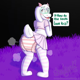 ambiguous_gender anthro black_background blush blush_lines bottomwear clothed clothing cloud_emanata dialogue diaper diaper_puff diaper_under_clothing diaper_under_skirt emanata eyewear footwear fur glasses grass green_eyewear green_glasses head_horn heart_symbol horn legwear looking_back open_mouth open_smile panties pattern_bottomwear pattern_clothing pattern_diaper pattern_footwear pattern_legwear pattern_panties pattern_socks pattern_thigh_highs pattern_thigh_socks pattern_underwear pink_bottomwear pink_clothing pink_horn pink_shirt pink_skirt pink_tank_top pink_topwear plant purple_grass shirt simple_background skirt smile socks solo speech_bubble striped_bottomwear striped_clothing striped_footwear striped_legwear striped_panties striped_socks striped_thigh_highs striped_thigh_socks striped_underwear stripes tail tank_top text thigh_highs thigh_socks topwear underwear wearing_diaper wearing_glasses white_body white_fur white_tail shadyadi deltarune undertale_(series) ralsei bovid caprine darkner goat mammal 1:1 2023 artist_name english_text hi_res signature url male_(lore)