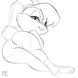 anthro butt female genitals looking_at_viewer lying nude on_side presenting simple_background smile solo tail vulva xylas looney_tunes warner_brothers lola_bunny lagomorph leporid mammal rabbit 1:1 2021 monochrome sketch