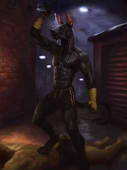 abs alley anthro biceps black_body blood bodily_fluids bottle bottomwear bulge clothed clothing container defeated duo feet fingers fur hair holding_bottle holding_container holding_object looking_at_viewer lying male muscular muscular_anthro muscular_male night nipples on_front outside pecs shorts shorts_only standing step_pose tail teeth toes topless topless_anthro topless_male water_bottle wet wet_body wounded orcfun kaden_(neojackal) anubian_jackal canid canine canis felid jackal lion mammal pantherine 3:4 digital_media_(artwork) hi_res