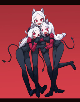 :d black_bottomwear black_clothing black_pants black_topwear bottomwear clothed clothing cute_fangs fangs female fully_clothed group hair light_body light_skin long_hair long_legs looking_at_viewer monotone_hair open_mouth open_smile pants red_background red_clothing red_eyes red_shirt red_topwear shirt simple_background slim smile spade_tail standing tail teeth topwear vest white_hair asutoro helltaker cerberus_(helltaker) animal_humanoid canid canid_demon canid_humanoid canine canine_humanoid demon humanoid mammal mammal_humanoid wolf_humanoid absurd_res hi_res letterbox