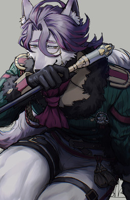 anthro bottomwear clothing eyewear fancy_clothing fluffy fluffy_tail fur green_clothing green_topwear grey_body grey_fur hair holding_scepter leg_belt looking_at_viewer male monocle multicolored_body multicolored_fur pants purple_hair scepter simple_background solo tail topwear two_tone_body two_tone_fur white_body white_bottomwear white_clothing white_fur white_pants yellow_eyes a_r_k_0 compass_(combat_providence_analysis_system) charles_richter_(compass) canid canine canis mammal wolf 2026 hi_res