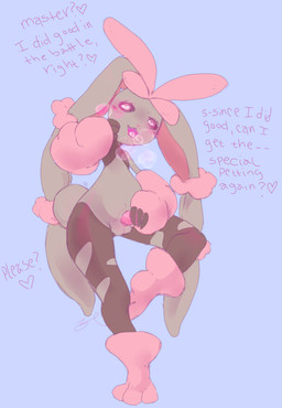 animal_genitalia balls blush fur genitals male master nipples nude open_mouth ownership penis simple_background solo text tongue puripurugly nintendo pokemon generation_6_pokemon lagomorph mammal mega_evolution mega_lopunny pokemon_(species) shiny_pokemon 2018 digital_media_(artwork) english_text hi_res