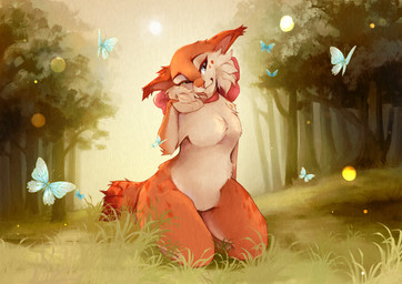 anthro bicolor_fur breasts cheek_tuft day detailed_background ear_tuft facial_markings facial_tuft featureless_breasts featureless_crotch female female_anthro forest fur glowing grass half-closed_eyes hand_to_face head_markings heterochromia kneeling light light_beam looking_at_viewer markings medium_breasts narrowed_eyes nature nude nude_anthro nude_female orange_body orange_fur outdoor_nudity outside pink_bow plant pose red_body red_fur ribbons seiza sitting smile solo spots spotted_body spotted_fur sunbeam sunlight tail tasteful_nudity three-quarter_view tree tuft white_body white_fur shyryp arthropod butterfly felid feline insect lepidopteran lynx mammal absurd_res digital_drawing_(artwork) digital_media_(artwork) full-length_portrait hi_res portrait shaded signature soft_shading