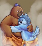 anthro black_nose blue_body brown_body butt clothing duo hat headgear headwear hug male male/male overweight overweight_male steam towel 06junior11 odd_taxi fan_character hiroshi_odokawa_(odd_taxi) canid canine canis mammal marine pinniped walrus wolf 2023 hi_res