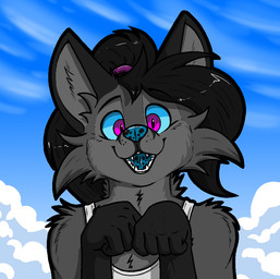 4_fingers accessory anthro arm_tuft biped black_ears black_eyebrows black_hair black_hands black_spots blue_nose blue_sclera cheek_tuft clenched_hands close-up clothed clothing cloud countershade_face countershade_torso countershading day eyebrow_through_hair eyebrows facial_markings facial_tuft fangs femboy feminine fingers front_view fur fur_tuft gentle_giant giga grey_arms grey_body grey_countershading grey_fur grey_inner_ear grey_inner_ear_fluff grey_markings hair hair_accessory hairband hand_tuft happy head_markings humanoid_hands inner_ear_fluff long_hair looking_at_viewer macro male markings mottled mottled_nose mottled_tongue neck_tuft nose_markings open_mouth open_smile outside pink_eyes ponytail pose purple_eyes purple_hairband raised_eyebrow shirt shoulder_tuft sky smile smiling_at_viewer solo spots spotted_nose spotted_tongue standing tank_top teeth tongue topwear translucent translucent_hair tuft white_clothing white_shirt white_tank_top white_topwear wide_eyed lennox lennox_(lennox) canid canine fox mammal red_fox silver_fox true_fox 2025 bust_portrait colored digital_drawing_(artwork) digital_media_(artwork) portrait shaded