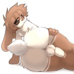 anthro backsack balls big_butt brown_body brown_eyes brown_fur brown_glans brown_hair butt butt_focus femboy fur genitals gesture glans gloves_(marking) hair hand_on_butt leg_markings looking_at_viewer looking_back lying male markings multicolored_body nude on_side penis presenting presenting_hindquarters rear_view simple_background smile smug socks_(marking) solo tail thick_thighs two_tone_body white_background white_balls white_body white_butt white_fur white_penis white_tail wide_hips carbanogg lagomorph leporid mammal rabbit 1:1 2025 absurd_res digital_drawing_(artwork) digital_media_(artwork) hi_res