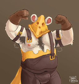 anthro armor armpit_hair body_hair bulge clothing headgear helmet male moobs musclegut muscular musk nipples overalls overweight overweight_male simple_background solo baranaduu league_of_legends riot_games tencent twitch_(lol) mammal murid murine rat rodent 2025 absurd_res hi_res