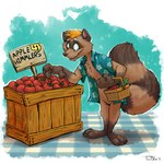 3_toes 4_fingers abstract_background anthro basket biped blonde_hair blue_clothing blue_shirt blue_topwear border bottomless bottomless_anthro bottomless_male brown_body brown_claws brown_finger_claws brown_fur brown_nose brown_toe_claws claws clothed clothed_anthro clothed_male clothing container crate eyebrows facial_markings featureless_crotch feet finger_claws fingers fluffy fluffy_tail food fruit fur gloves_(marking) groceries hair head_markings holding_basket holding_container holding_object humanoid_hands leg_markings male male_anthro markings mask_(marking) open_clothing open_mouth open_shirt open_smile open_topwear pattern_clothing pattern_shirt pattern_topwear pink_inner_ear plant plantigrade price ring_(marking) ringed_tail shirt shirt_only sign smile socks_(marking) solo standing striped_markings striped_tail stripes tail tail_markings teeth text three-quarter_view toe_claws toes tomato toony topwear topwear_only white_border white_eyebrows teaselbone cooner_(cooner) mammal procyonid raccoon 1:1 2016 digital_media_(artwork) english_text full-length_portrait handwritten_text hi_res portrait shaded signature