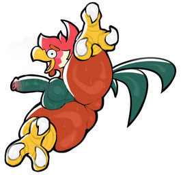anthro avian_caruncle beak blush bodily_fluids brown_body butt comb_(anatomy) dewlap_(anatomy) feathers feet foreskin genitals green_body green_feathers head_crest male penis simple_background solo sweat sweatdrop tail tail_feathers talons thick_thighs toes wattle white_background yellow_body scottdeer avian bird chicken galliform phasianid absurd_res hi_res