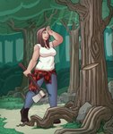 axe bottomwear breasts brown_hair clothing detailed_background felling_axe female forest hair human_only melee_weapon not_furry outside pants plaid plant solo standing tree weapon lunate human mammal 2019 absurd_res hi_res story story_in_description