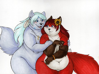anthro belly belly_overhang big_belly blush deep_navel duo fang_necklace female flower hair navel overweight overweight_anthro overweight_female plant slightly_chubby sunflower thick_thighs wide_hips bigladydragon aurora_(bigladydragon) arctic_wolf canid canine canis fox mammal wolf
