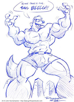 4_fingers abs anthro belt big_biceps big_muscles big_pecs building claws clothed clothing dialogue eyes_closed finger_claws fingers fur hair landscape_dwarfing low-angle_view macro male muscular muscular_anthro muscular_arms muscular_male muscular_thighs pecs shorts_only solo speech_bubble standing tail text thigh_up toony topless cooner rexxwolfe canid canine canis mammal wolf 2006 artist_name blue_and_white dated english_text full-length_portrait handwritten_text hatching_(art) line_art monochrome portrait shaded signature sketch url