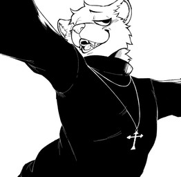 anthro black_clothing black_eyebrows black_sweater black_topwear black_turtleneck cheek_tuft clothing cross_pendant ear_tuft eyebrows facial_tuft femboy fur grin head_tilt head_tuft lidded_eyes light looking_aside male neck_tuft open_mouth raised_inner_eyebrows round_ears shadow sharp_teeth simple_background smile solo spread_arms sweater t-pose teeth thin_eyebrows tongue topwear tuft turtleneck white_background white_body white_fur v01nt trainwreck_(harmoyena) jude_(trainwreck) domestic_ferret mammal mustelid musteline true_musteline weasel 2025 half-length_portrait hi_res lighting line_art monochrome portrait