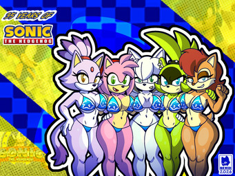 accessory anthro big_breasts bikini black_nose blue_bikini blue_clothing blue_eyes blue_swimwear breasts brown_body brown_fur brown_hair brown_nose cheek_tuft clothing dipstick_tail eyelashes facial_tuft female forehead_gem front_view fur gem gloves_(marking) green_body green_eyes green_fur group hair hair_accessory hairband head_tuft looking_at_viewer markings navel open_mouth open_smile pink_body pink_fur pink_hair purple_body purple_fur short_hair smile swimwear tail tail_markings tan_body tan_fur thick_thighs tuft two-piece_swimsuit white_body white_fur white_hair wide_hips yellow_eyes skwid idw_publishing sega sonic_the_hedgehog_(comics) sonic_the_hedgehog_(idw) sonic_the_hedgehog_(series) amy_rose blaze_the_cat fan_character sally_acorn surge_the_tenrec afrosoricid chipmunk domestic_cat eulipotyphlan felid feline felis ground_squirrel hedgehog mammal rodent sciurid tenrec 4:3 hi_res