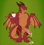 absurd_res anthro balls beverage bodily_fluids claws cum cum_drip cum_on_ground cum_on_penis dragon dripping erection genital_fluids genitals hi_res holding_beverage holding_object humanoid_genitalia humanoid_penis looking_at_viewer male mythological_creature mythological_scalie mythology penis scalie seyrmo smile solo standing wings