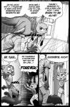 2019 angry anthro black_border bodily_fluids borba border bottomwear canid canine clothed clothing comic crying digital_media_(artwork) disney door duo english_text eyebrows female fluffy fluffy_tail fox greyscale hair hi_res judy_hopps lagomorph leporid male mammal monochrome necktie nick_wilde pajamas pants rabbit red_fox sound_effects speech_bubble sweat tail tears text title_drop true_fox yelling zootopia