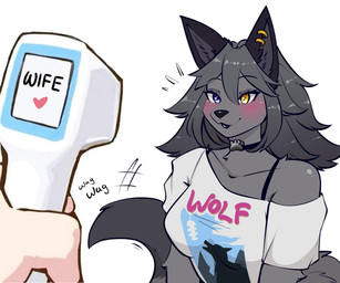 anthro bra_strap breasts clothing collar dark_body dark_hair duo ear_piercing eyebrow_through_hair eyebrows female fur grey_body grey_fur hair heart_eyes heart_symbol heterochromia looking_at_another piercing shirt tail tail_motion tailwag topwear translucent translucent_hair zevulpes cat_detector_(meme) epic_games fortnite wolfie_(fortnite) canid human mammal hi_res meme