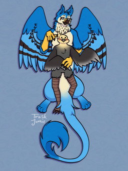 anthro beak black_body black_feathers black_talons blue_body blue_feathers blue_fur brown_beak brown_feet brown_legs claws duo feathers feet female feral fluffy fluffy_chest fluffy_ears fluffy_tail fur grey_body grey_feathers hug long_tail looking_at_another male male/female male_on_top neck_tuft on_top orange_body orange_feathers smile stacked tail tan_body tan_feathers tan_fur text tuft yellow_body yellow_claws yellow_feathers trashjeanie mythology dima_(electrotiel) irene_(purpthegryphon) american_kestrel avian bird cockatiel cockatoo felid gryphon hybrid lion mammal mythological_avian mythological_creature pantherine parrot 3:4 absurd_res artist_name hi_res signature
