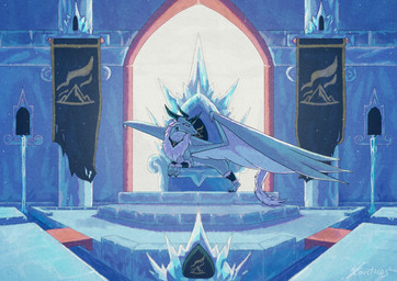 armwear blue_body chair claws clothing column crown eyelashes female feral furniture half-closed_eyes headgear horn ice icicle jewelry legwear lying narrowed_eyes on_front purple_eyes snow solo tail tail_tuft tapestry throne tuft water waterfall wings arcticos mythology dragon mythological_creature mythological_scalie scalie absurd_res hi_res
