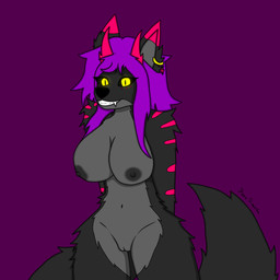 anthro big_breasts big_tail black_body black_fur black_nipples black_sclera breasts clothing ear_piercing ear_ring female fluffy fluffy_ears fluffy_tail fur fur_markings gem genitals grin hair horn jewelry legwear markings nipples nude piercing purple_hair ring_piercing short_hair short_horn small_horn smile solo standing suggestive tail thigh_highs vulva yellow_eyes reena_dreamer reena_(reena_dreamer) canid canine canis demon hybrid mammal succubus wolf 1:1 absurd_res hi_res