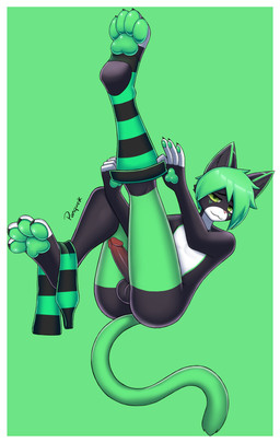 4_toes 5_fingers :3 anthro balls black_balls black_body black_clothing black_footwear border butt clothing dressing erection feet femboy fingers footwear footwear_only genitals green_background green_eyes green_hair green_pawpads hair half-closed_eyes hand_pawpads humanoid_genitalia humanoid_penis legwear looking_at_viewer lying male mostly_nude multicolored_clothing multicolored_footwear multicolored_socks narrowed_eyes on_back pattern_clothing pattern_footwear pattern_legwear pattern_socks pawpads paws penis raised_leg simple_background socks soles solo stirrup_footwear stirrup_legwear stirrup_stockings stockings striped_clothing striped_footwear striped_socks stripes tail toes two_tone_clothing two_tone_footwear two_tone_socks white_border panqueik aevyn felid feline mammal absurd_res hi_res signature